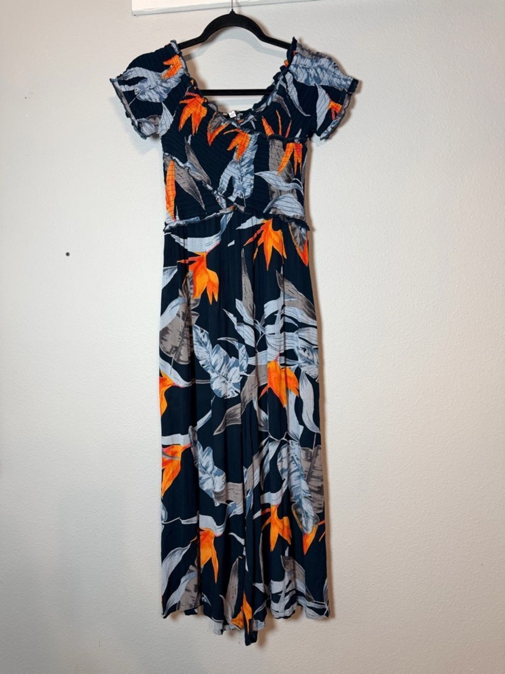 Patrons of Peace Smocked Tropical Bird of Paradise Cropped Jumpsuit Small